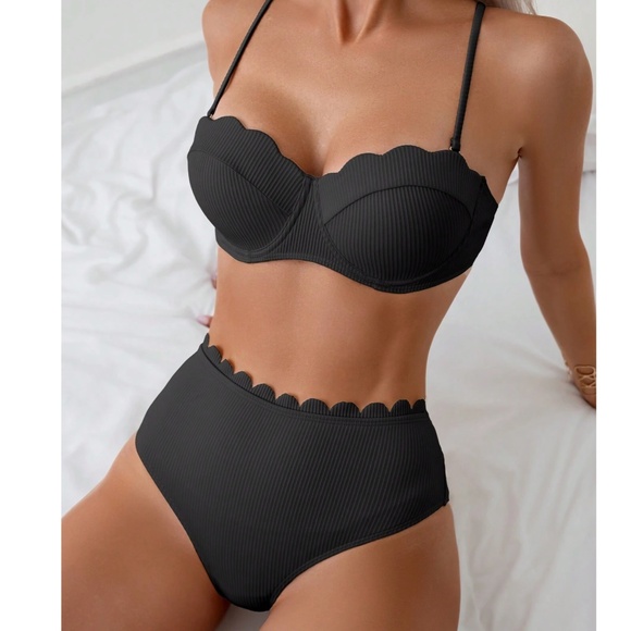 Solid Ribbed Scallop Detail High Waisted Bikini Swimsuit - Picture 2 of 8